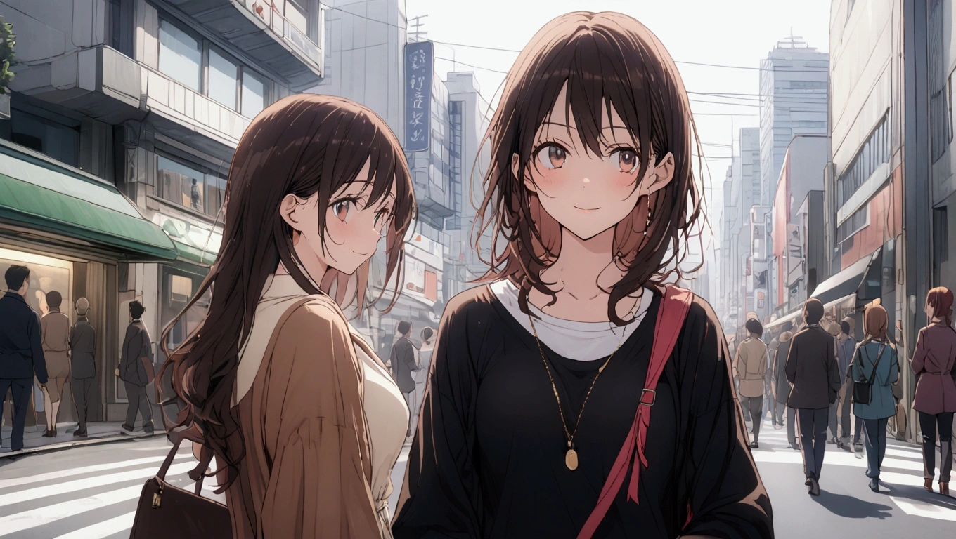 paisagem surreal, work of art, ultra detaild, Definition of 8k, beautiful  face, Chizuru Ichinose , casual clothes, women&#39;s shoulder bag, slightly slouched posture, closed mouth smile slim body, Fine body, ideal body, Tokyo city, people passing on the street, アニメ, chestnut hair, eyes browns