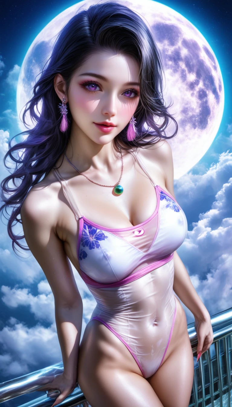 score_9, score_8_superior, score_7_superior, A masterpiece in 32K resolution,Highest quality,it is really amazing,Very detailed,Ultra-high resolution,(Ultra-realistic:1.5),(Realistic:1.5),Increased depth of field,Cinematic lighting,
(Sexy adult Japan woman:1.4),
Long black hair,Ultra-detailed and beautiful face,(Gentle expression:1.1),Translucent white skin,(Realistic skin texture:1.1),
(Sexy Swimwear:1.1),
Bold design,Artistic design,Beautiful and detailed pattern,Detailed fabric texture,
Gorgeous necklace,Earrings,
Coastline at night,(Giant Moon:1.1),(Dark clouds floating in the dark night sky:1.1),
High angle,