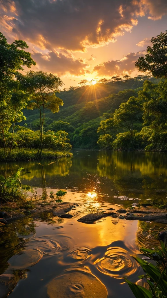 Depicting a mysterious river in the Amazon forest、Ultra-realistic and highly detailed beautiful masterpiece, With the setting sun, 