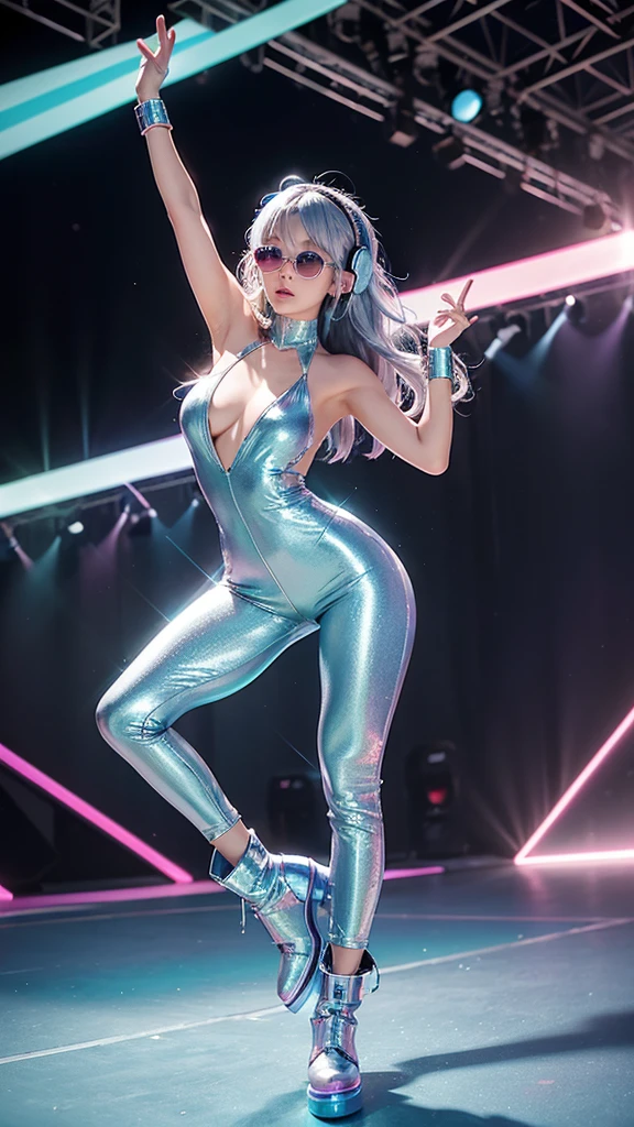 A young woman with a toned body and long, wavy hair in shades of baby blue and pastel pink, wearing a silver holographic jumpsuit and silver platform boots, dancing in a festival setting at sunset with neon lights and colorful balloons in the background. Glittering headphones with crystal accents dangle from her hand as she moves with infectious energy.