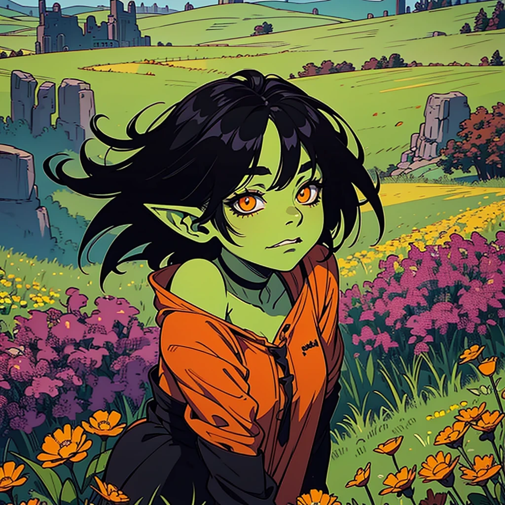 A LITTLE GOBLIN GIRL, green skin, black hair, orange eyes, long ears, , wearing rags. In a field with flowers