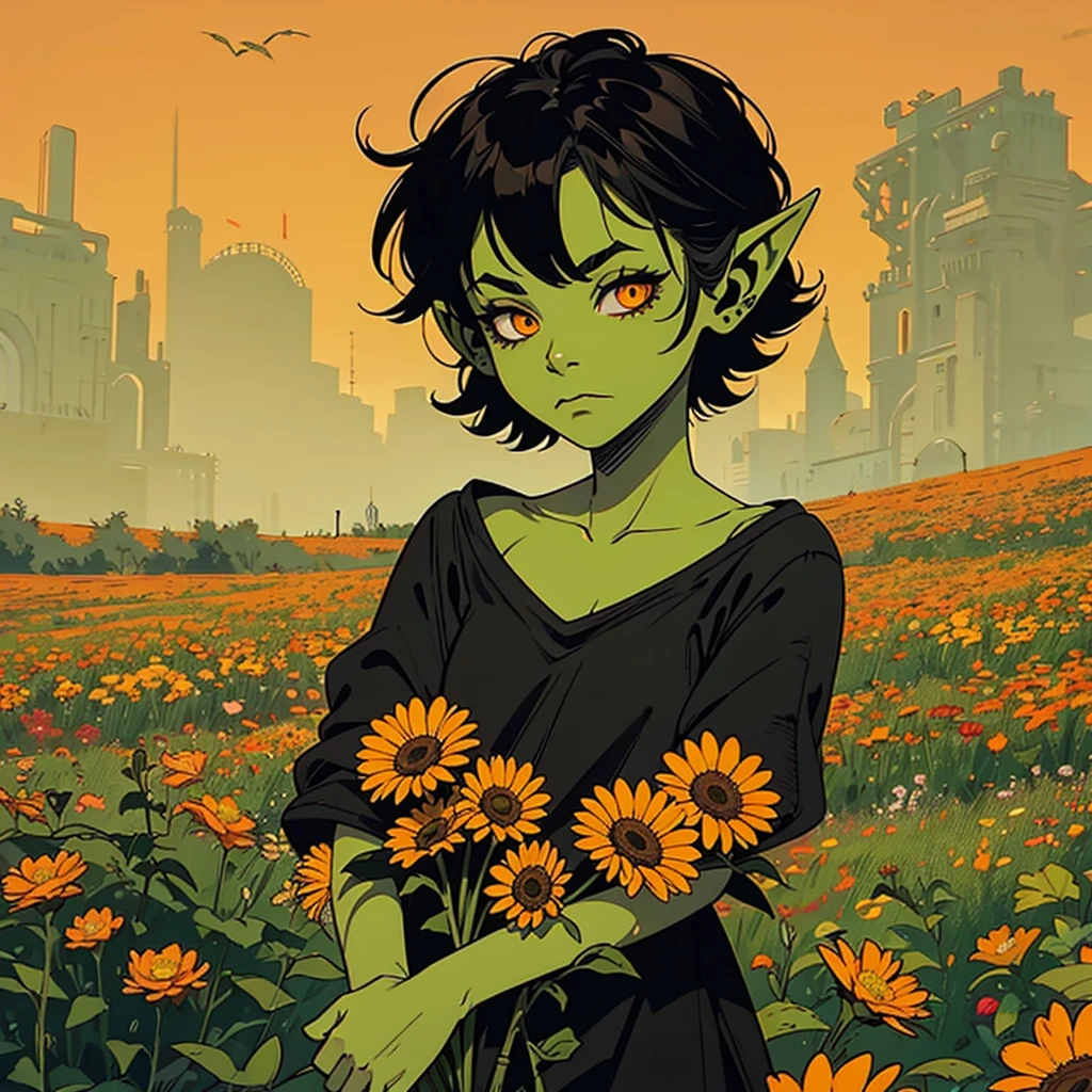 A LITTLE GOBLIN GIRL, green skin, black hair, orange eyes, long ears, , wearing rags. In a field with flowers