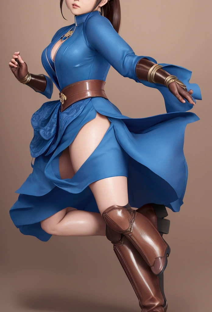 Anime-style woman in a brown and blue dress and blue boots, Chunli, Chunli, Chunli, honest, Photorealistic anime girl rendering, 2b ..., 2b, Also, kasumi arimura style 3/4, kunoichi, Promotional Art, honest shinka, King of Fighters character