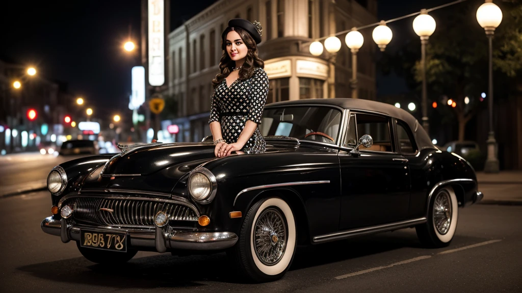 A vintage black and white photograph of an elegant Preity Zinta standing beside a classic car on a city street at night. The woman has a timeless, glamorous appearance, wearing a stylish dress with polka-dotted sleeves and a matching hat adorned with a decorative brooch. Her hair is styled in soft waves, and she has a confident, poised expression. The street is lit by old-fashioned lampposts, and the blurred background suggests a serene, evening atmosphere typical of a bygone era. The overall scene exudes a sense of classic Hollywood glamour and sophistication.