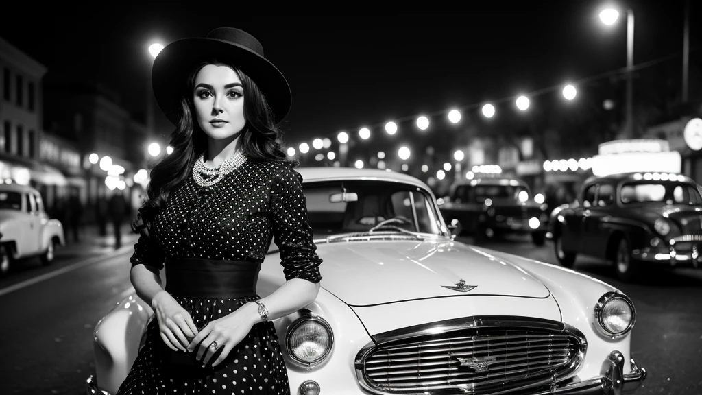 A vintage black and white photograph of an elegant Preity Zinta standing beside a classic car on a city street at night. The woman has a timeless, glamorous appearance, wearing a stylish dress with polka-dotted sleeves and a matching hat adorned with a decorative brooch. Her hair is styled in soft waves, and she has a confident, poised expression. The street is lit by old-fashioned lampposts, and the blurred background suggests a serene, evening atmosphere typical of a bygone era. The overall scene exudes a sense of classic Hollywood glamour and sophistication.