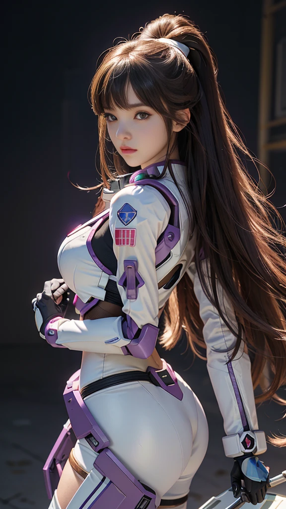 Raw, masterpiece, Ultra-fine photos,, best quality, Ultra-high resolution, Reality, Sunlight, Complete Body肖像, Stunning beauty,, Dynamic poses, Delicate face, Vibrant eyes, (side view) Close-up of woman wearing pink and white Gundam costume, Dynamic poses, Long brown very very long hair Rapunzel, girl in mecha cyber armor, portrait armored astronaut girl, d. va from Overwatch, Female Mecha, on a gundam, Gundam Head, Qingdao Chiho Color Scheme, Gundam, Streamlined purple armor, Complete!! girl, realistic cosplay, gundam armor (Dynamic poses) (Best camera viewing angle), Complete Body