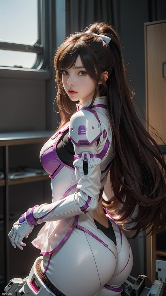 Raw, masterpiece, Ultra-fine photos,, best quality, Ultra-high resolution, Reality, Sunlight, Complete Body肖像, Stunning beauty,, Dynamic poses, Delicate face, Vibrant eyes, (side view) Close-up of woman wearing pink and white Gundam costume, Dynamic poses, Long brown very very long hair Rapunzel, girl in mecha cyber armor, portrait armored astronaut girl, d. va from Overwatch, Female Mecha, on a gundam, Gundam Head, Qingdao Chiho Color Scheme, Gundam, Streamlined purple armor, Complete!! girl, realistic cosplay, gundam armor (Dynamic poses) (Best camera viewing angle), Complete Body