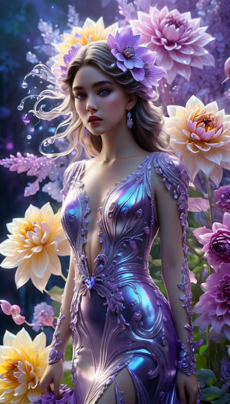 messy lines, iridescent color scale, (full-length portrait: 1.5), (far focus design: 1.5), A beautiful girl, High-gloss lilac satin clothes, Proud, shy, jewelry, Bright pupils , Eyes facing the central focus, wrapped in lilac metallic screen, Exuding an aura of dark fantasy and hatred, Intricate and exquisite details, Highlights fine lines, rich color palette, rainbow colors. Added to enhance the overall ambiance, Beautiful details shine, vibrant and perfect, through double exposure technology, Eerily beautiful fog enveloping the landscape, Delicate crystal structure shines, vibrant yellow backlight, vibrant lilac dahlia flower, blushing nose, high detail, intricate detailed lilac and iridescent flower background, dynamic pose, concept art, UHD, anatomically correct, super detail, best quality, 8k