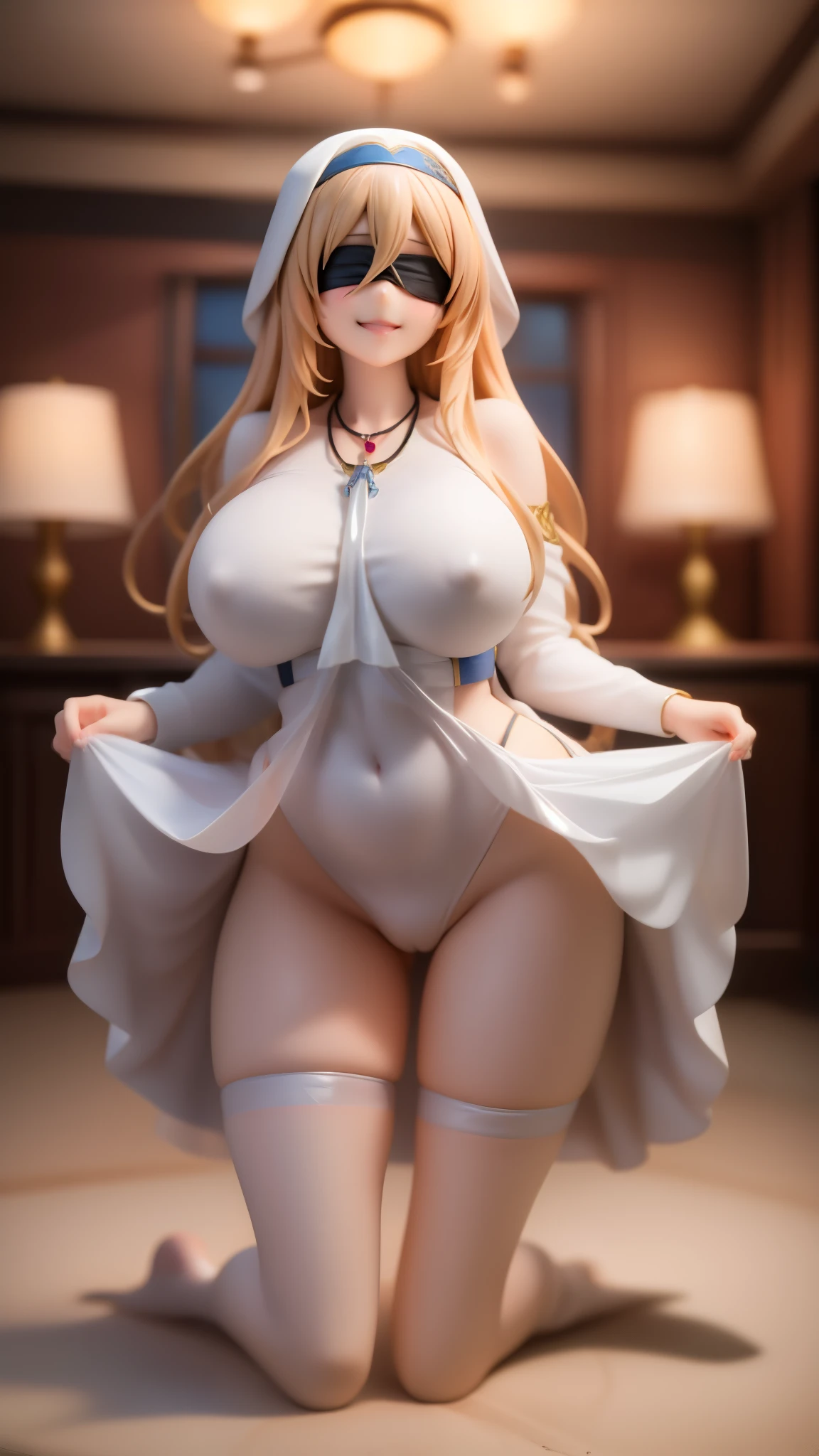 wide hips, smile, SwordMaidenNDV, 1girl, blonde hair, large breasts, long hair, white dress, black blindfold, necklace, habit,,full body,standing,white dress,jewely,