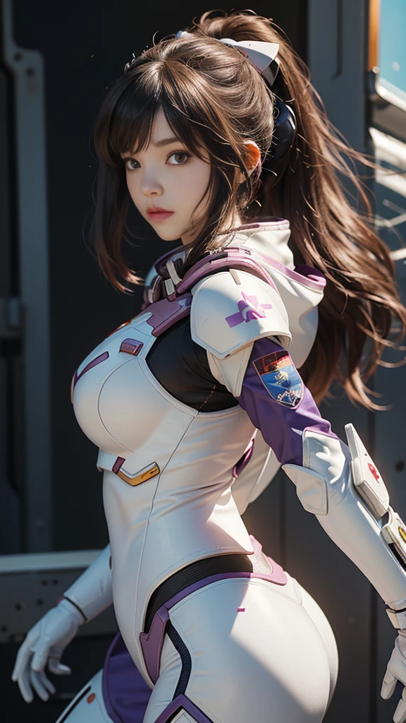Raw, masterpiece, Ultra-fine photos,, best quality, Ultra-high resolution, Reality, Sunlight, Complete Body肖像, Stunning beauty,, Dynamic poses, Delicate face, Vibrant eyes, (side view) Close-up of woman wearing pink and white Gundam costume, Dynamic poses, Long brown very very long hair Rapunzel, girl in mecha cyber armor, portrait armored astronaut girl, d. va from Overwatch, Female Mecha, on a gundam, Gundam Head, Qingdao Chiho Color Scheme, Gundam, Streamlined purple armor, Complete!! girl, realistic cosplay, gundam armor (Dynamic poses) (Best camera viewing angle), Complete Body