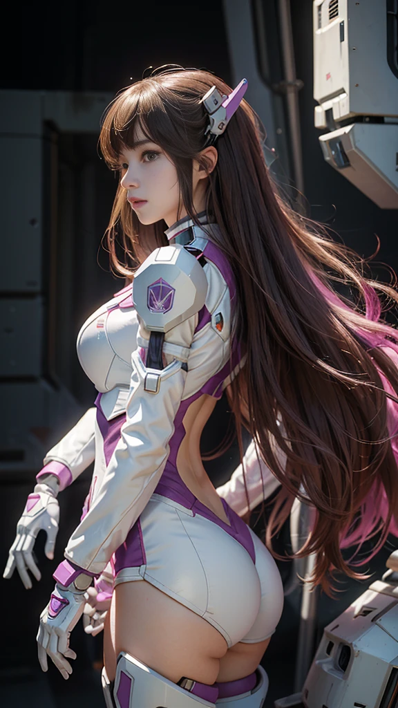 Raw, masterpiece, Ultra-fine photos,, best quality, Ultra-high resolution, Reality, Sunlight, Complete Body肖像, Stunning beauty,, Dynamic poses, Delicate face, Vibrant eyes, (side view) Close-up of woman wearing pink and white Gundam costume, Dynamic poses, Long brown very very long hair Rapunzel, girl in mecha cyber armor, portrait armored astronaut girl, d. va from Overwatch, Female Mecha, on a gundam, Gundam Head, Qingdao Chiho Color Scheme, Gundam, Streamlined purple armor, Complete!! girl, realistic cosplay, gundam armor (Dynamic poses) (Best camera viewing angle), Complete Body