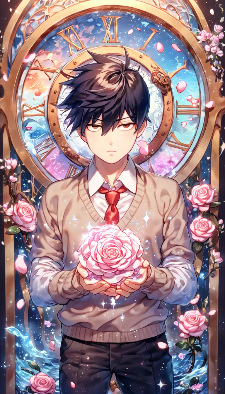 absurdres, highres, ultra detailed, HDR, masterpiece, extremely detailed, Kageyama Ritsu, black hair, expressive brown eyes, Mob Psycho 100, solo, sexy man, handsome, sensual, brown sweater, white shirt, red necktie, black pants, water, magical, fantasy, glittering, shining, pink roses, blossoms, petals, in woderland, clock