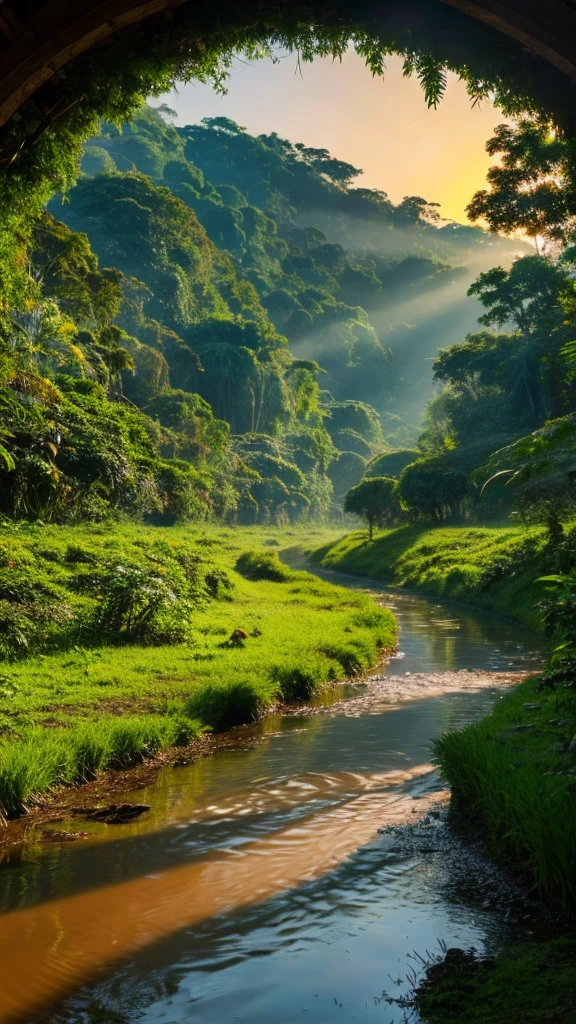 Depicting a mysterious river in the Amazon forest、Ultra-realistic and highly detailed beautiful masterpiece, With the setting sun, 