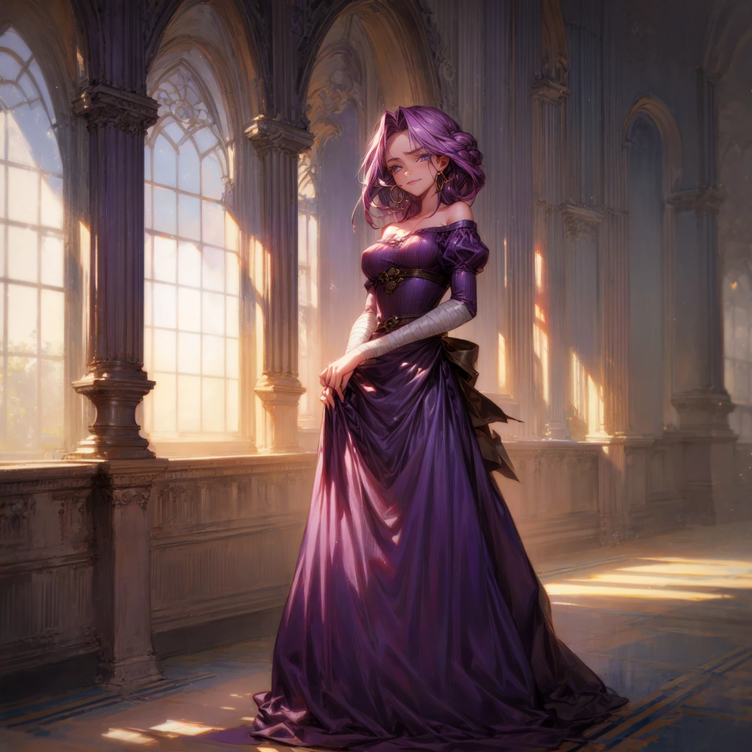 Solo character, full body version, detailed background, detailed clothing, detailed hair, detailed face detailed gesture, young girl, lavender color hair, long haircut, long dress Victorian, blue color dress, yellow long skirt, sandals, bandage, hoop earrings, indoor, inn medieval, sad eyes, smile mouth, standing gesture, Medium Breast, Sword in hand