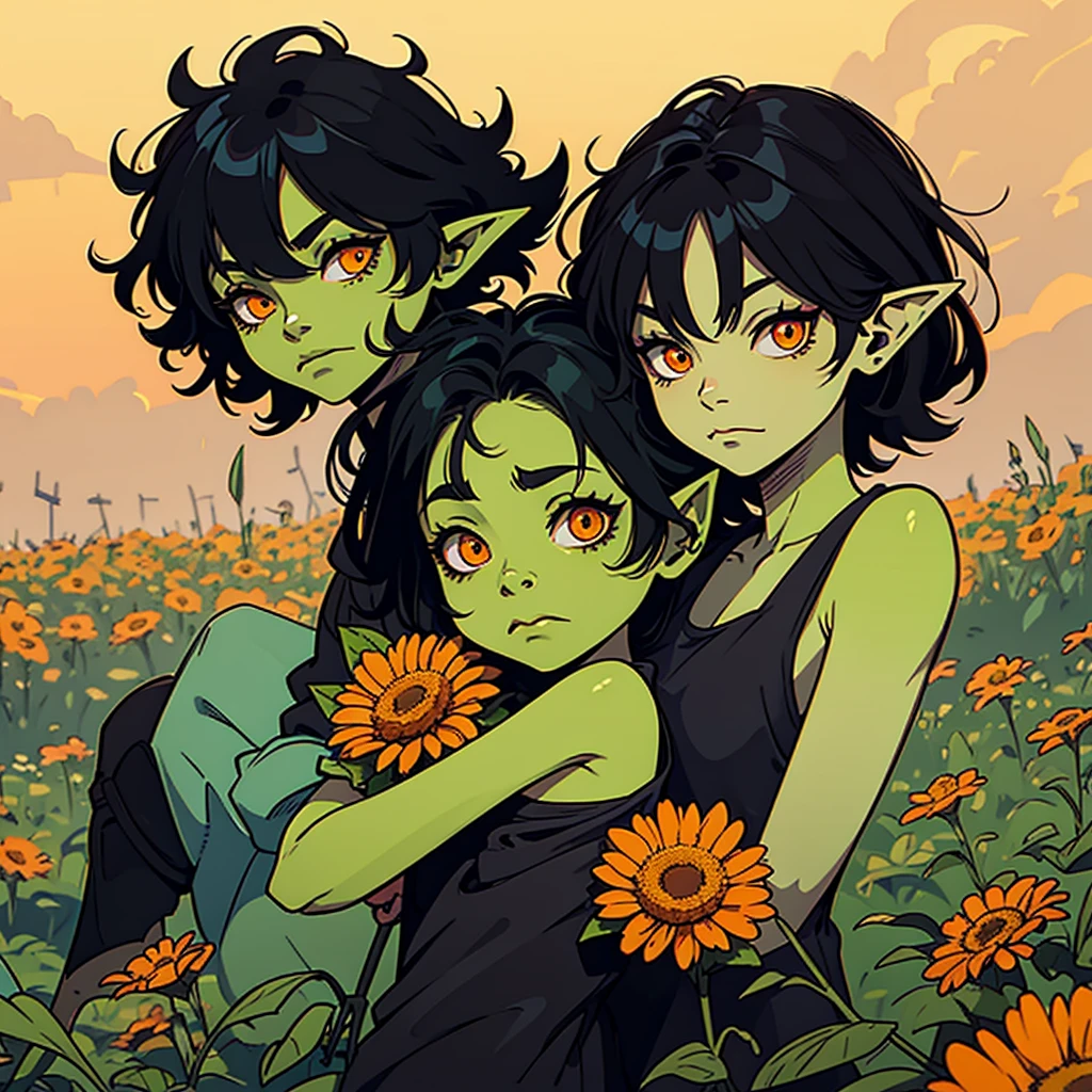 A LITTLE GOBLIN GIRL, green skin, black hair, orange eyes, long ears, , wearing rags. In a field with flowers