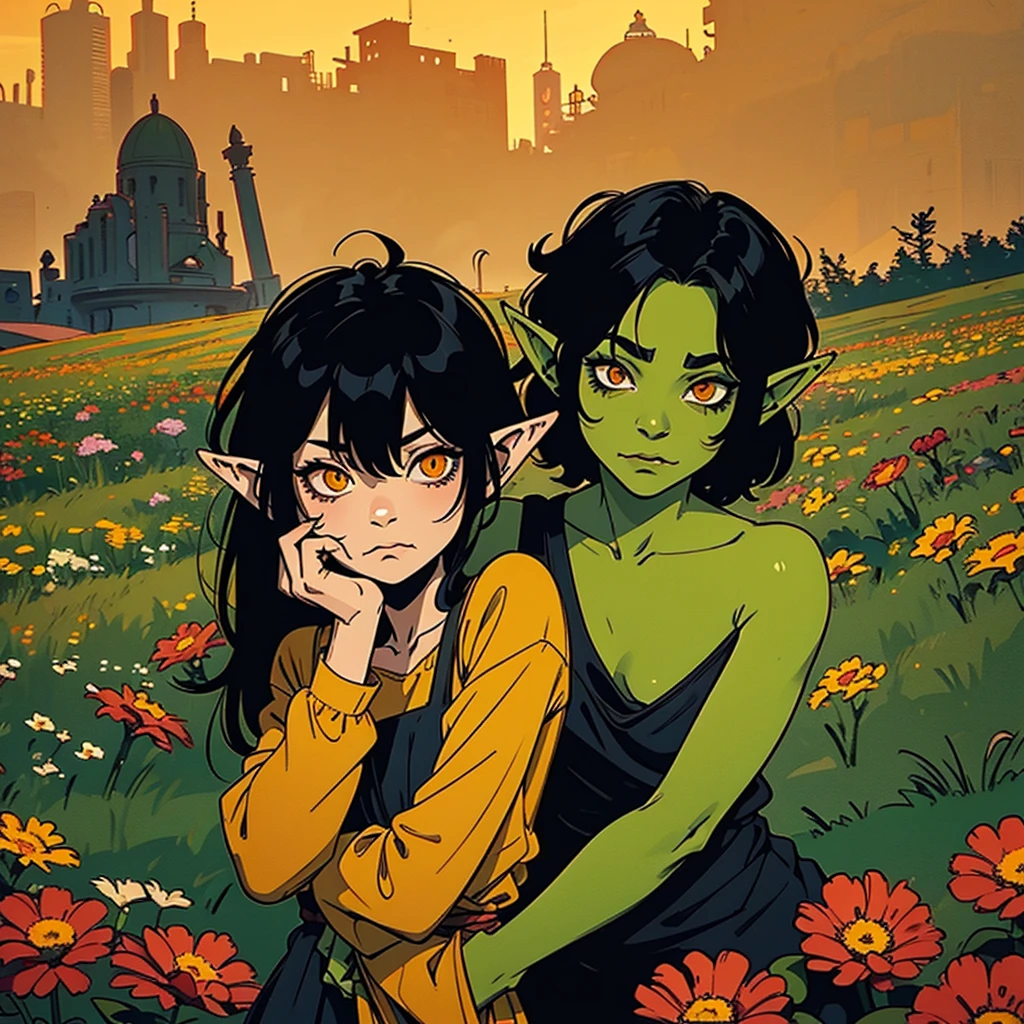 A LITTLE GOBLIN GIRL, green skin, black hair, orange eyes, long ears, , wearing rags. In a field with flowers