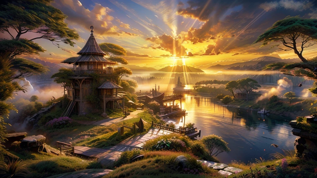 a beautiful large deep clear glowing blue lake with, island in the centre, in a valley with huge dramatic mountains towering in the distance,fantasy fairytale scenery, rocks plants flowers shrubs trees moss lawns grass redwoods,colourful sunset storm and strong sunbeams,misty hazy,extreme details,photorealistic,4k,HD,beautiful,nature, dreamy, imaginative, incredible panorama