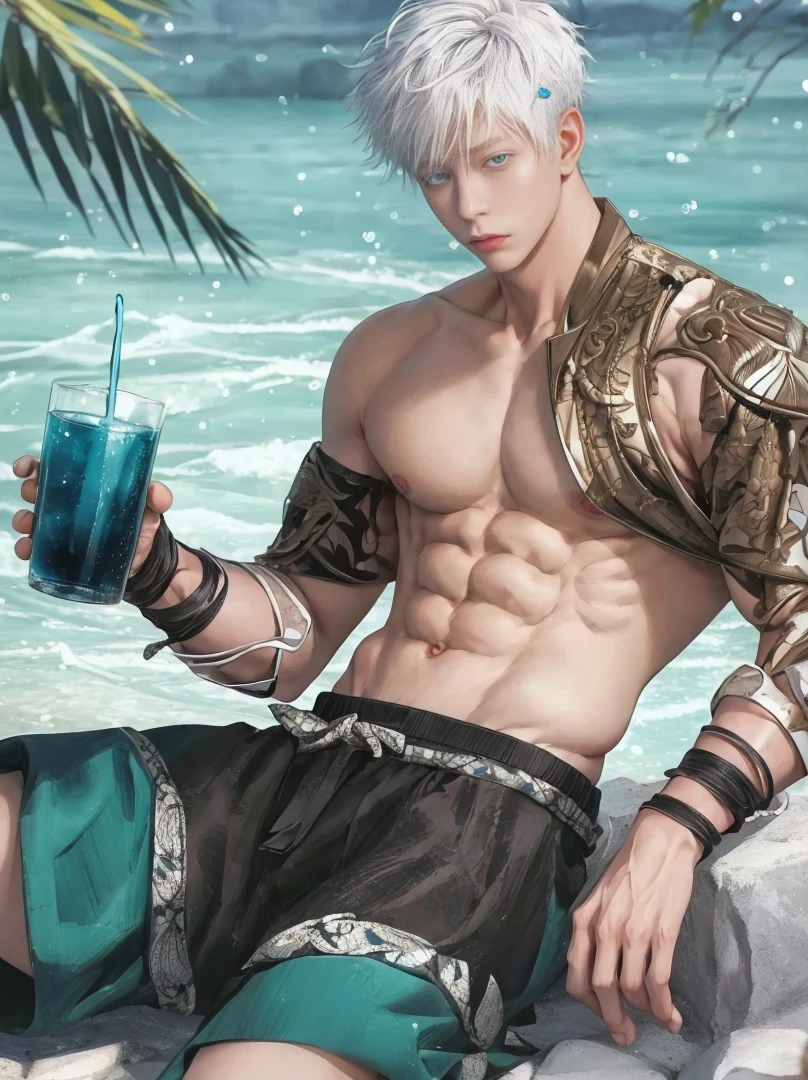 1 male, Japanese male model, high resolution 4k, young, handsome, perfect face detail, detailed eyes and face, clean shaved, sixpack, white eyebrow hair, white eyelashes,  torso, Detailed face, perfect face, dynamic lighting, Real skin texture, Perfect hand details, Real and complete hand details, unreal engine, hd picture, satoru gojo, Jujutsu kaisen, white hair, short hair ,hair between eyes ,blue eyes, white skin, Background sea, Hold a drinking glass