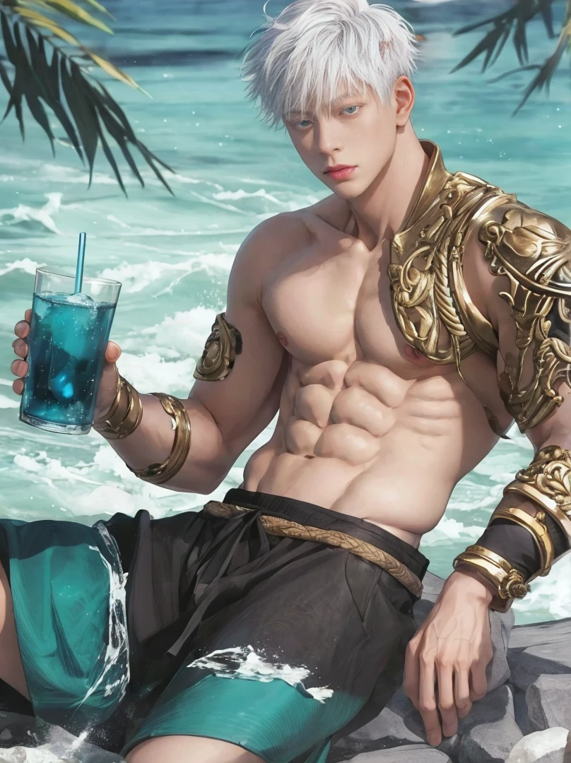 1 male, Japanese male model, high resolution 4k, young, handsome, perfect face detail, detailed eyes and face, clean shaved, sixpack, white eyebrow hair, white eyelashes,  torso, Detailed face, perfect face, dynamic lighting, Real skin texture, Perfect hand details, Real and complete hand details, unreal engine, hd picture, satoru gojo, Jujutsu kaisen, white hair, short hair ,hair between eyes ,blue eyes, white skin, Background sea, Hold a drinking glass