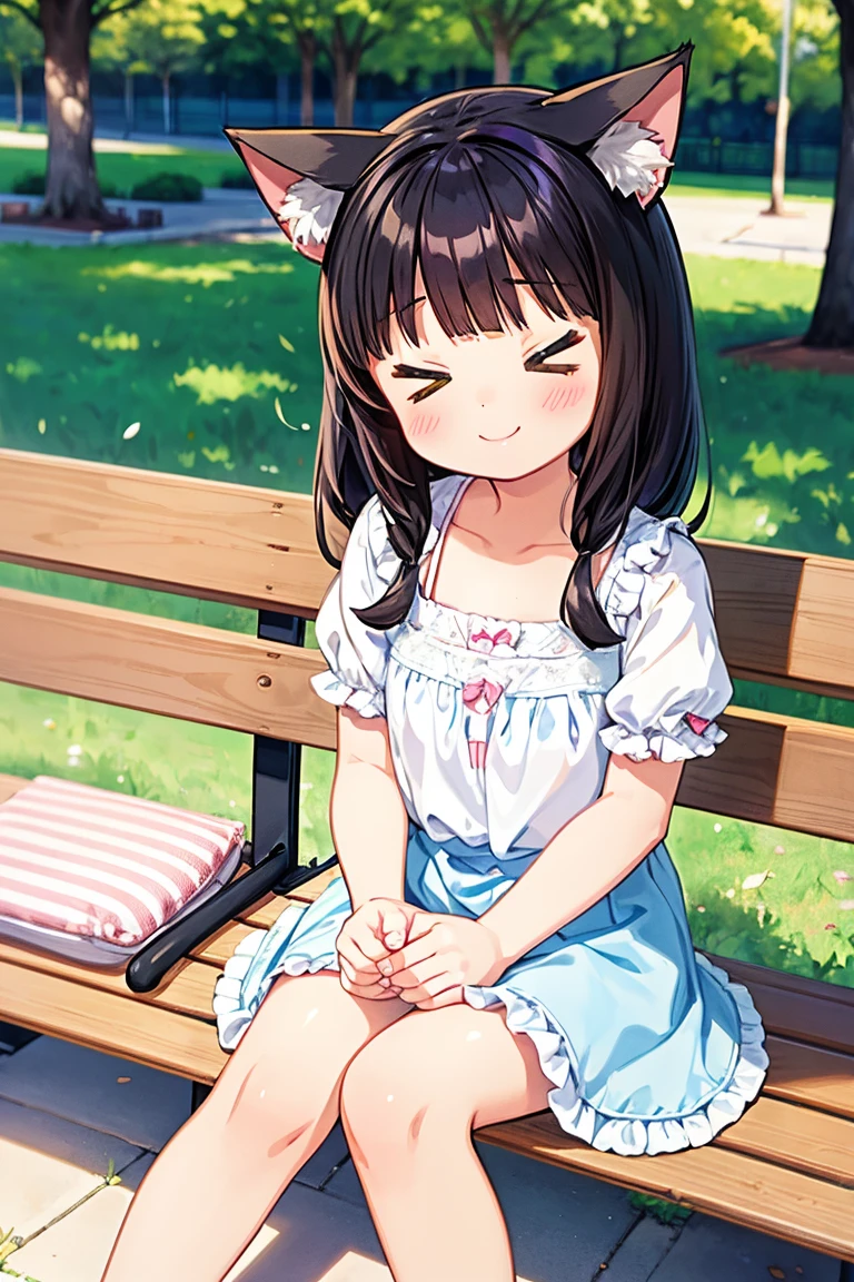 Beautiful illustration, best quality, cute girl, ((Sitting on a public park)), big pillows, pastel color, natural tones, Black hair, ((Cat girl)), ((Summer outfit)), tanned skin, ((Cat smile)), bright lighting, ((eyes closed)), ((Perfect hands))