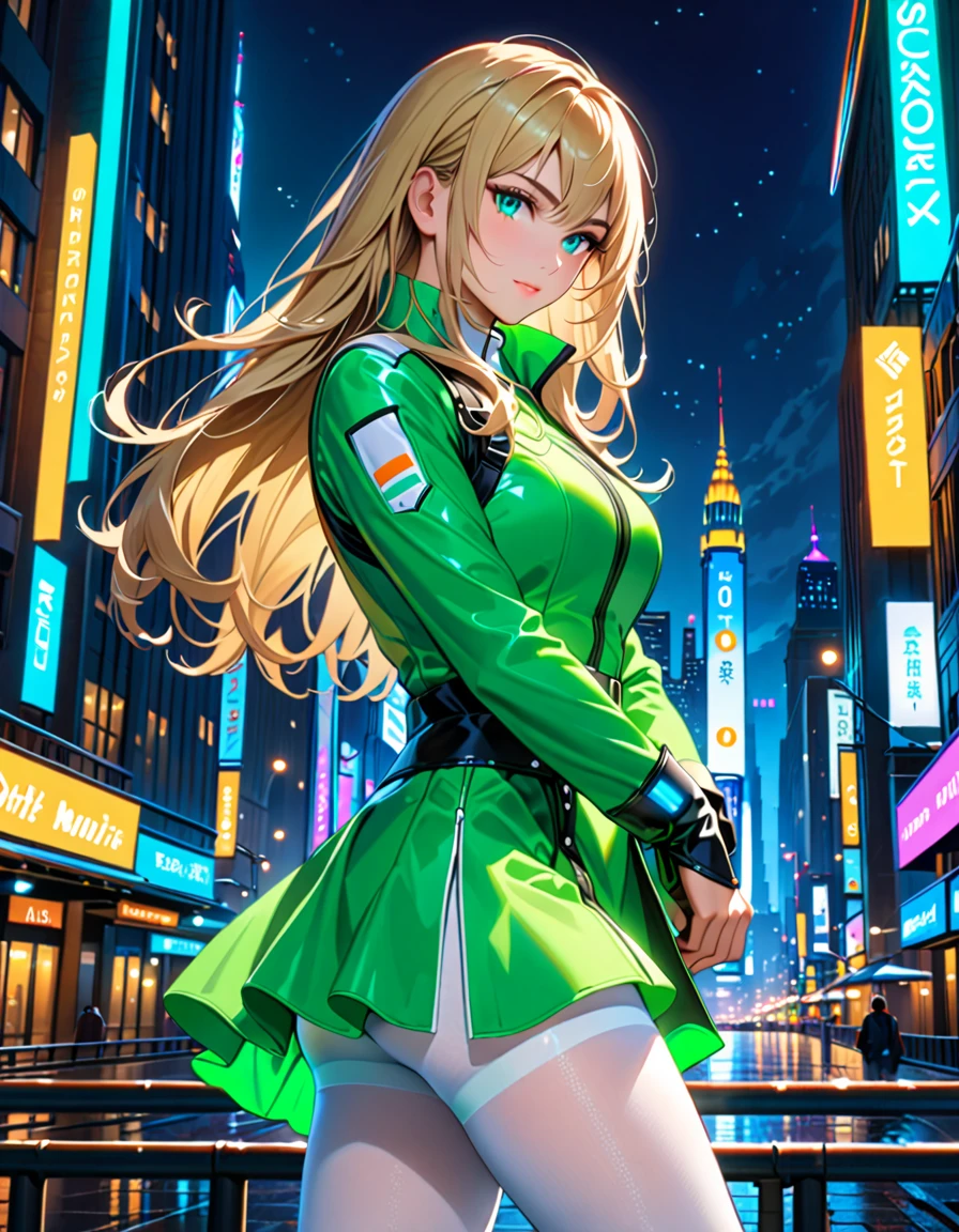 best quality, masterpiece, high resolution, Solitary, Solitary focus, 1. Ms., Semi-realistic, Dynamic Hero Stance, Stand Up Straight, Blonde Hair, blue eyes, Beautiful and delicate eyes, Beautiful and delicate face, Perfect hands, Sexy beauty, Wearing green and white tights, City background, Neon edge lighting, Very detailed, professional, Bare Legs, Matching boots, Ankle boots, full-body shot, Hands on hips, Medium Length Hair, Hang down your hair, at night.