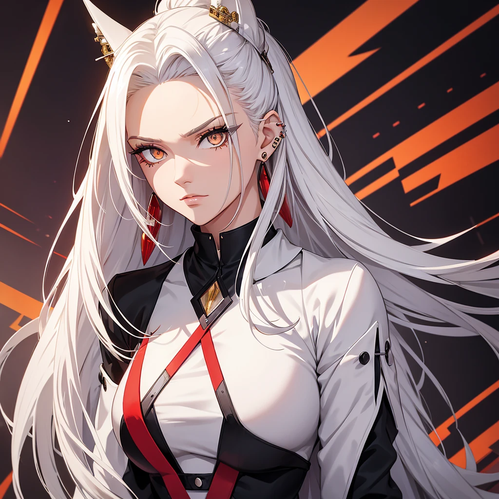 Modern woman, long white hair, penteado rabo de cavalo, amber eyes, geometric red mark in the middle of the forehead, piercings, wears a black high-neck blouse and jacket with long earrings.