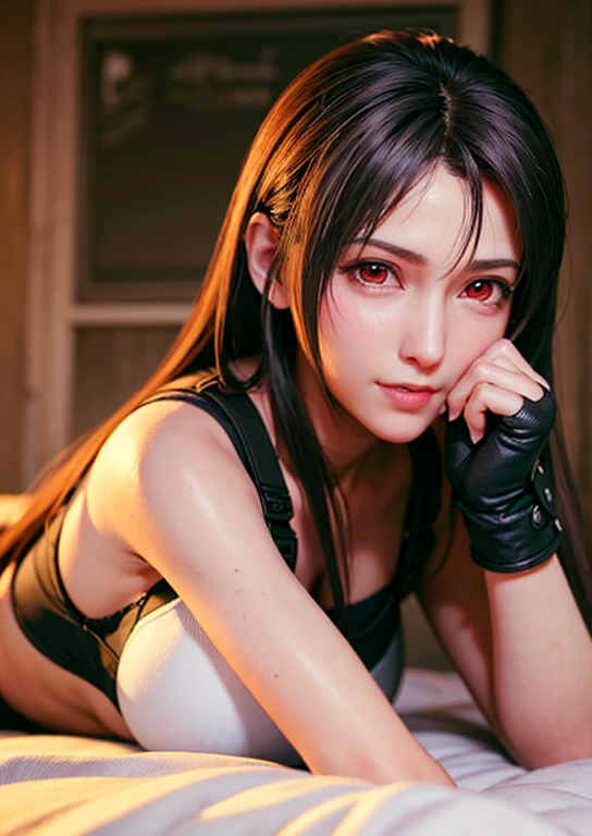 Create a high-quality, detailed image of a beautiful anime girl with long, flowing hair, peacefully asleep on her bed in her cozy gaming room. She is wearing a snug tank top that barely conceals her nipples and a pair of panties, highlighting her stunning curves and toned body. The warm, inviting scene features soft ambient lighting, comfortable seating, and plush bedding, with the room illuminated by a small, glowing lamp on her nightstand. The gaming room is decorated with posters, a high-end PC setup with RGB lighting, and various gaming accessories scattered around. The overall atmosphere is serene and intimate, with a touch of sensuality, creating a perfect blend of relaxation and allure.