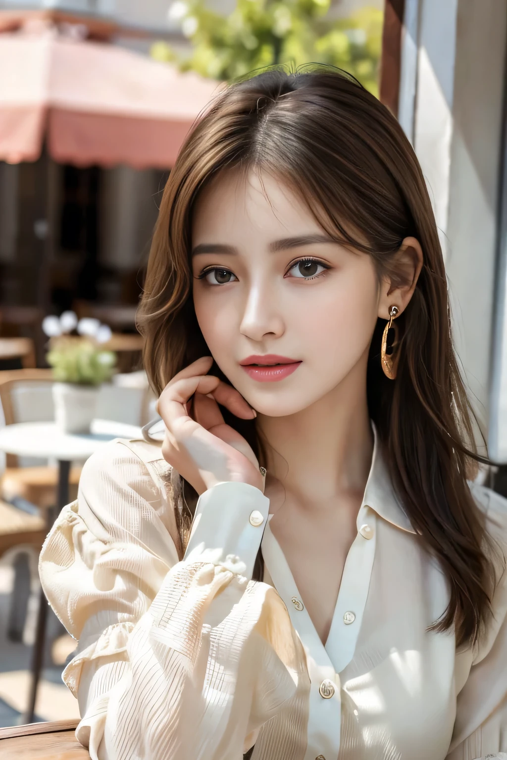 masterpiece, Highest quality, Realistic, Very detailed, Finer details, High resolution, 8k wallpaper, One beautiful woman,Wear a nice blouse, On the terrace of a lovely cafe, at noon, Light brown messy hair, Perfect dynamic composition, Beautiful and beautiful eyes、Big earrings、