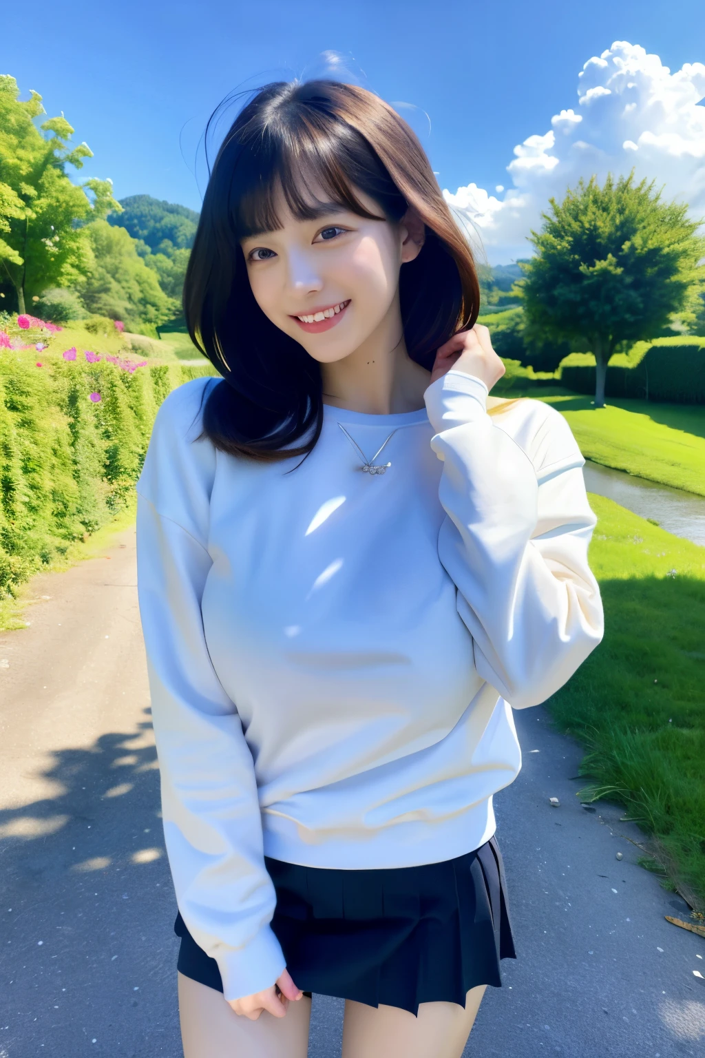 1girl,(huge breasts:1.1),medium hair,bangs,beautiful cute face,small face,charming girl,
BREAK
(artistic professionally taken photos:1.3),
(cute pure pretty girl:1.3),
(tight-fit cute sweatshirt, micro skirt:1.3),
(countryside scenery:1.2),(river, river beach, mountains in the distance, blue sky, cloud:1.2),
BREAK
shyness feeling,
(dynamic pose:1.2),(dynamic angle:1.1),
(full body:1.3),talking to viewer,
(mischievous facial expression, lively smile:1.2),
BREAK
(absurdres:1.3),(ultra detailed photograph:1.5),(detailed face and skin:1.3),(ultra high res:1.5),(photorealistic:1.5),hyperrealistic photography,best quality,symmetric clear eyes,well-groomed face,(ray tracing:1.3),(natural smooth moist facial skin texture:1.1)