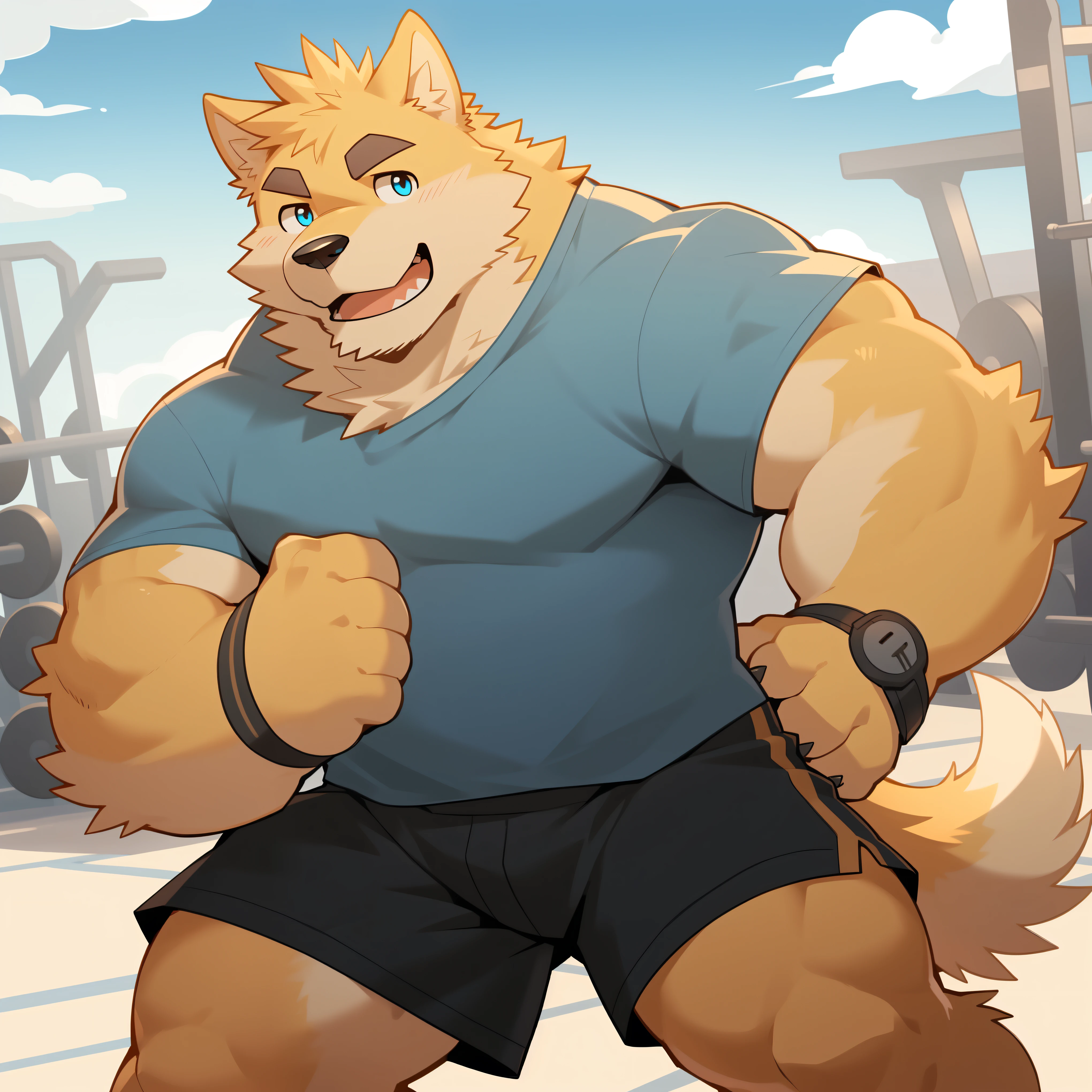 Scribble golden retriever dog face,Humanity(dog),(White short sleeve:1.3),muscular,(Black eyebrows:1.1),(Perfect eyes),Yellow fur,(artist:Takemoto Arashi),Gym background,Wolf tail,(Black shorts:1.3),paw,(Black watch:1.3)