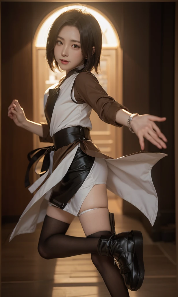 There is a woman wearing a short skirt and a brown shirt., fubuki, Photorealistic anime girl rendering, honest, Written by Kano Naizen, Catboy Cosplay! maid! dress, honest shinkai ( Apex Legends ), Also, April Rendering, Inspired by Ren Mei, King of Fighters character