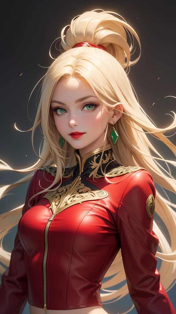 (masterpiece, best quality), intricate details, thin, ((slim)), beautiful girl, Light blonde hair, white skin, light green eyes, sharp jawline, cropped red jacket, messy hair, red lips, upper body, smirk