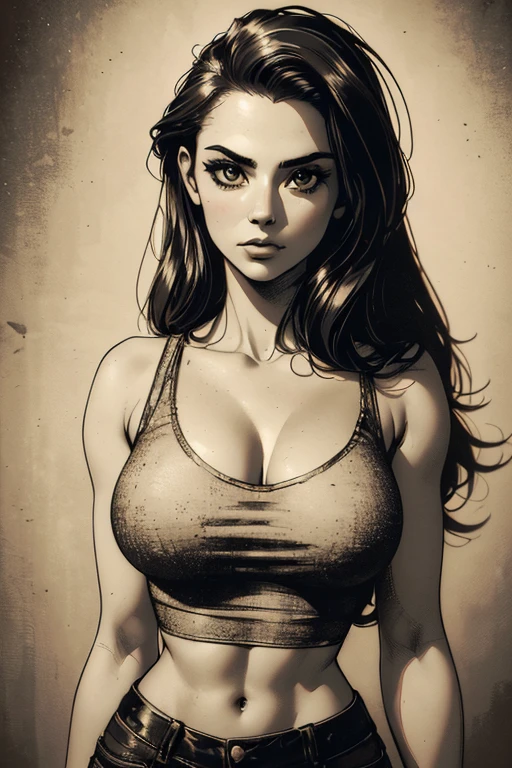 a 22 year old girl, sketch, skinny, tiny, t shirt, black and white, cute body, detailed features, cleavage, vintage style, high contrast lighting, cute eyes, long hair,(best quality,4k,8k,highres,masterpiece:1.2),ultra-detailed,(realistic,photorealistic,photo-realistic:1.37),vintage,monochrome,intense gaze,dramatic lighting,rugged background,distressed paper texture,retro vibes,id photo,front view