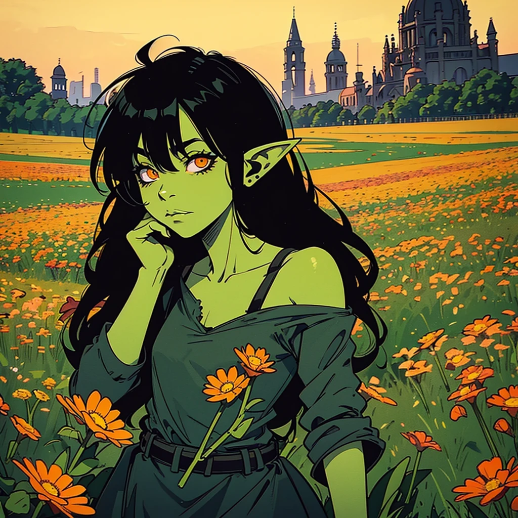 A LITTLE GOBLIN GIRL, green skin, black hair, orange eyes, long ears, , wearing rags. In a field with flowers