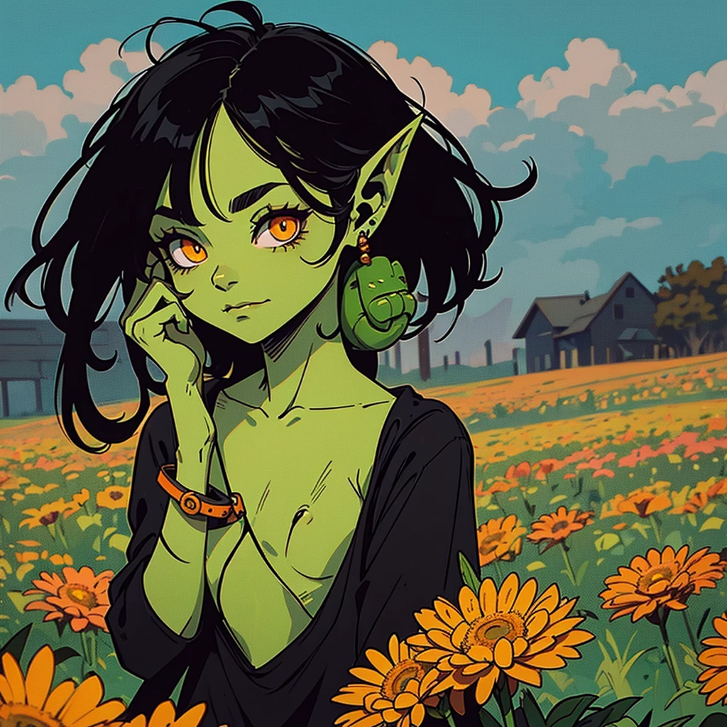 A LITTLE GOBLIN GIRL, green skin, black hair, orange eyes, long ears, , wearing rags. In a field with flowers