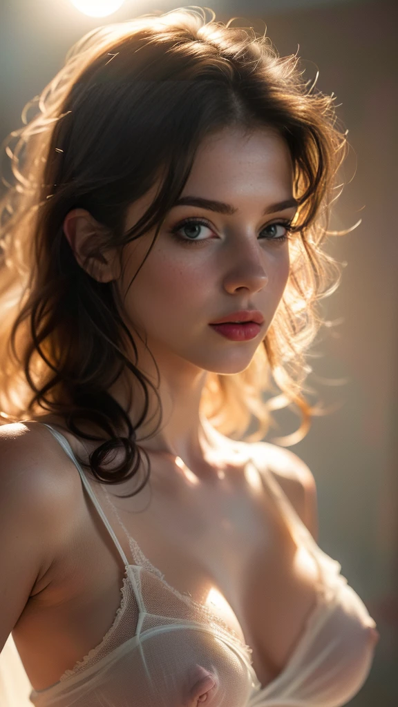 (((ultra realistic))) Photo, masterpiece, top quality, (pale skin), (Ultra detailed face and eyes:1.3), 1 girl, Adult, in a sheer silk T-shirt, full body, (Eye makeup, mascara) , ((large detailed lips)), ((ash wavy hair)), ((Chyolka)) , (Natural breasts), (hard nips), Slim waist. ((Posing)), photoshoot, studio (soft lighting), (The play of light and shadows), depth of field, bokeh, (special attention to skin detail: 1.2), Detailed leather texture, skin pores. (Airy atmosphere of the frame. Color range - delicate, Bright, white, Pink tones), UDR, ((Film grain)), ((rays)), ((glare of the sun)), ((waist up portrait, close to the camera)) , ultra detialed,