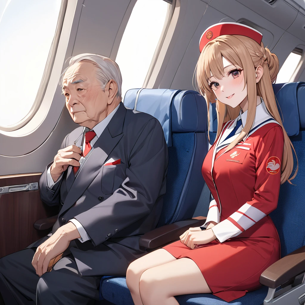 ((Highest quality)), ((masterpiece)), (detailed), (Perfect Face)、The woman is a Chinese flight attendant for Air China, named Yuuki Asuna, with light brown, medium-long hair.、The woman is wearing the red uniform of an Air China flight attendant.、The woman is a special flight attendant for the honorable Chinese Communist Party members, and she dresses up beautifully to serve them.、The woman is a first-class passenger who is exclusively serving an elderly man who is a member of the Chinese Communist Party. She happily serves him by sitting next to him and providing him with sexual entertainment.、A man and a woman are alone making love in the first class cabin.