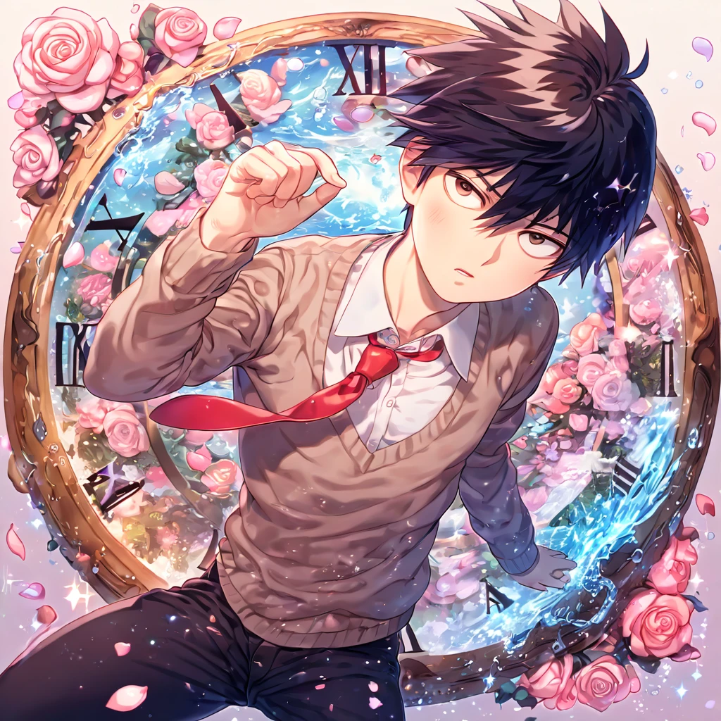 absurdres, highres, ultra detailed, HDR, masterpiece, extremely detailed, Kageyama Ritsu, black hair, expressive brown eyes, Mob Psycho 100, solo, sexy man, handsome, sensual, brown sweater, white shirt, red necktie, black pants, water, magical, fantasy, glittering, shining, pink roses, blossoms, petals, in woderland, clock