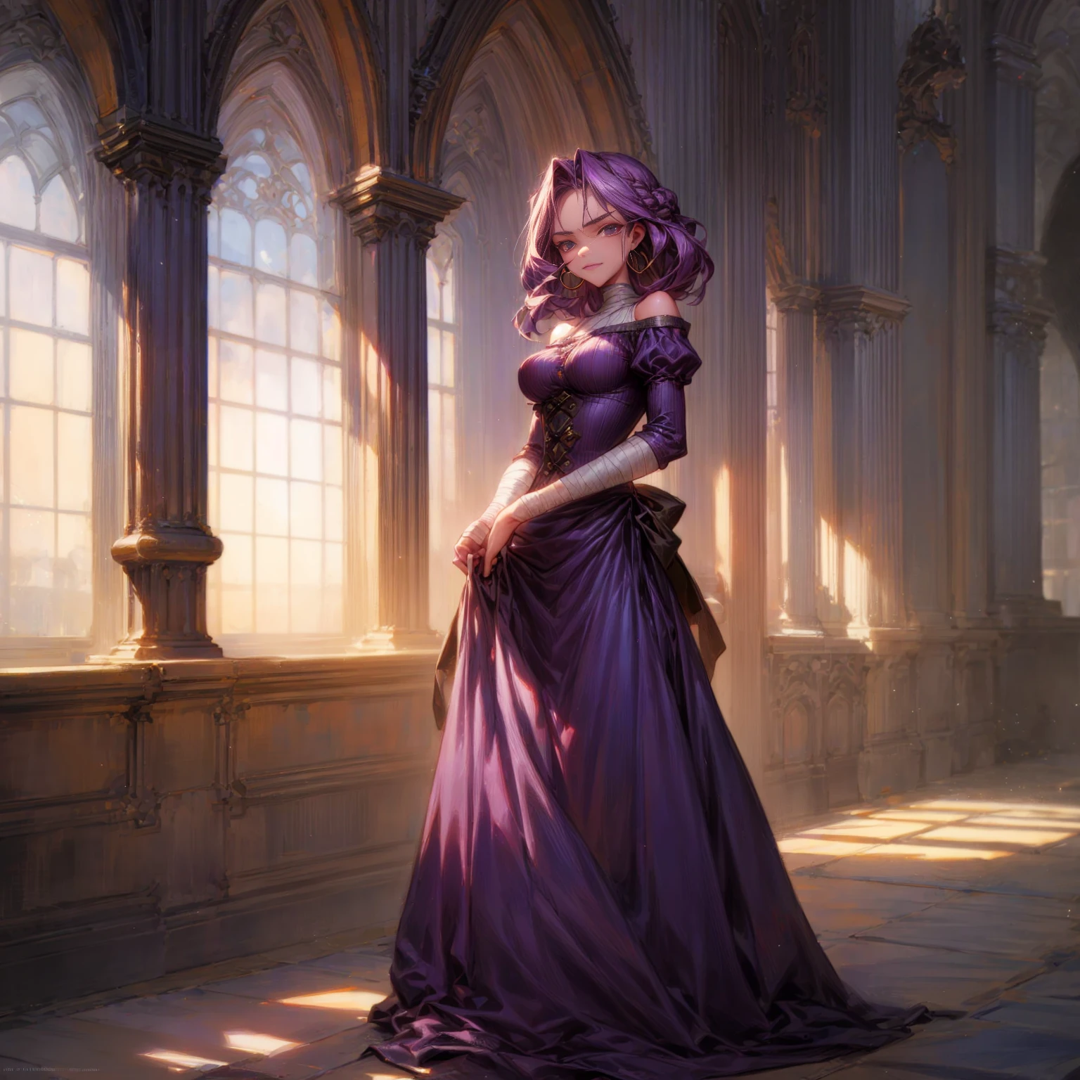 Solo character, full body version, detailed background, detailed clothing, detailed hair, detailed face detailed gesture, young girl, lavender color hair, long haircut, long dress Victorian, blue color dress, yellow long skirt, sandals, bandage, hoop earrings, indoor, inn medieval, sad eyes, smile mouth, standing gesture, Medium Breast, Sword in hand