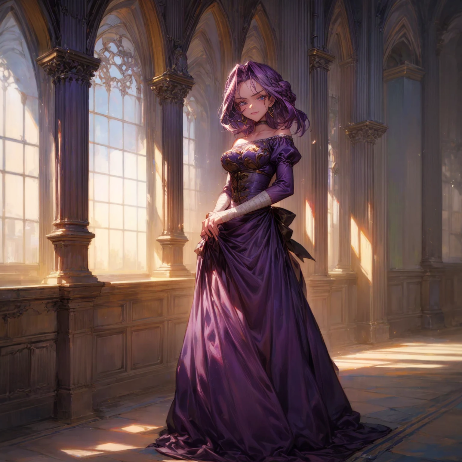 Solo character, full body version, detailed background, detailed clothing, detailed hair, detailed face detailed gesture, young girl, lavender color hair, long haircut, long dress Victorian, blue color dress, yellow long skirt, sandals, bandage, hoop earrings, indoor, inn medieval, sad eyes, smile mouth, standing gesture, Medium Breast, Sword in hand