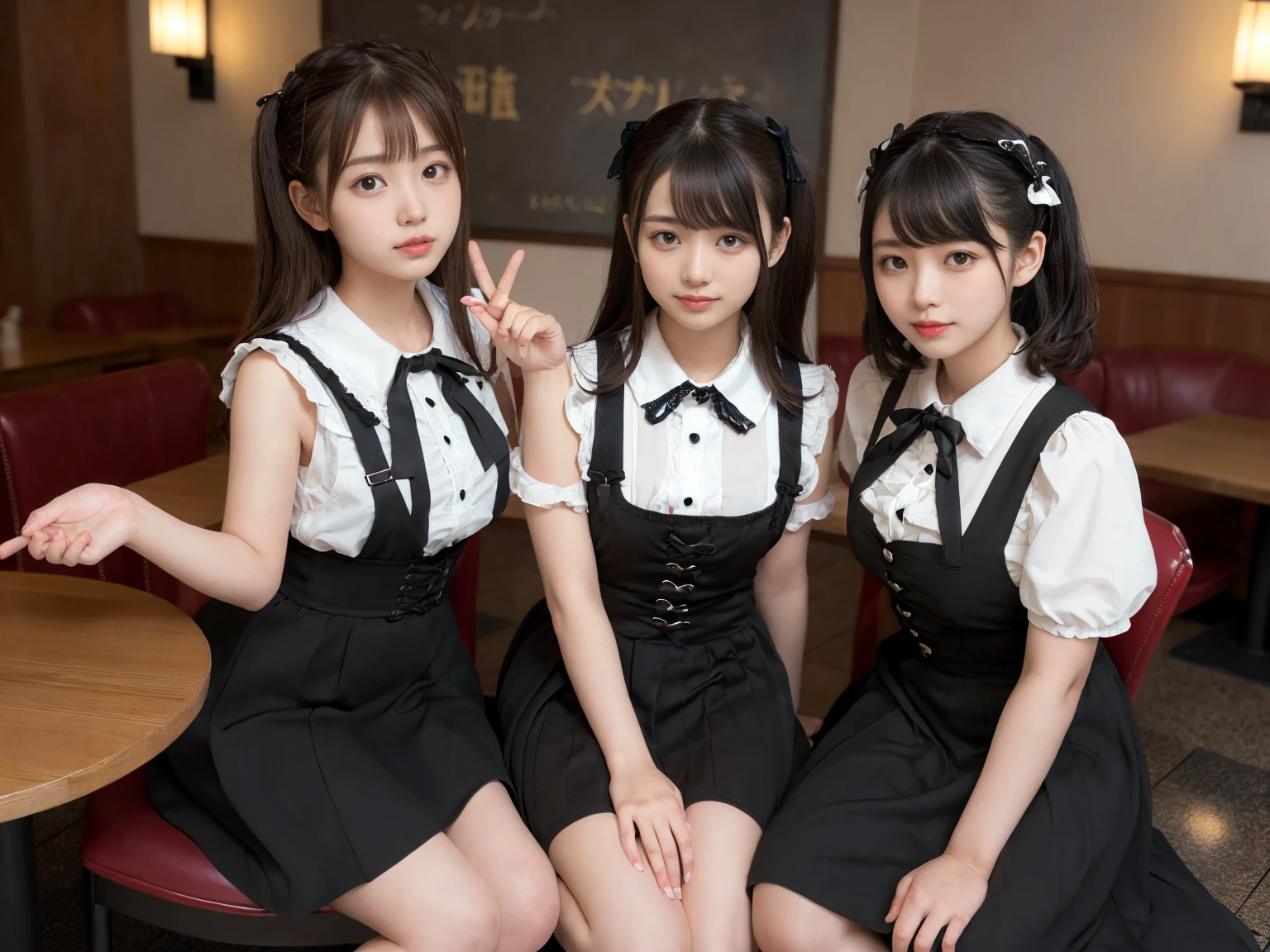 masterpiece, Highest quality, figure, Very detailed, The finer details, High resolution, 8k,wallpaper, Perfect dynamic composition,(Detailed high quality, Realistic depiction of eyes:1.3), (Three Girls),(Gothic ta fashion with tight buttons on the collar and chest), Seraphim, Short Bob Hair, In the background is an empty restaurant, Deep in the field, Black hair color, Big Natural Color Lip, (Perfect figure), (smile)、Harajuku Style、Elementary school girl in Japan:1.3), Adorable expression、Expressions of happiness、10 yght: 145cm、Baby Face、Amazingly cute、Cute type、Beautiful feet, Idol Sculpture、Big Breasts