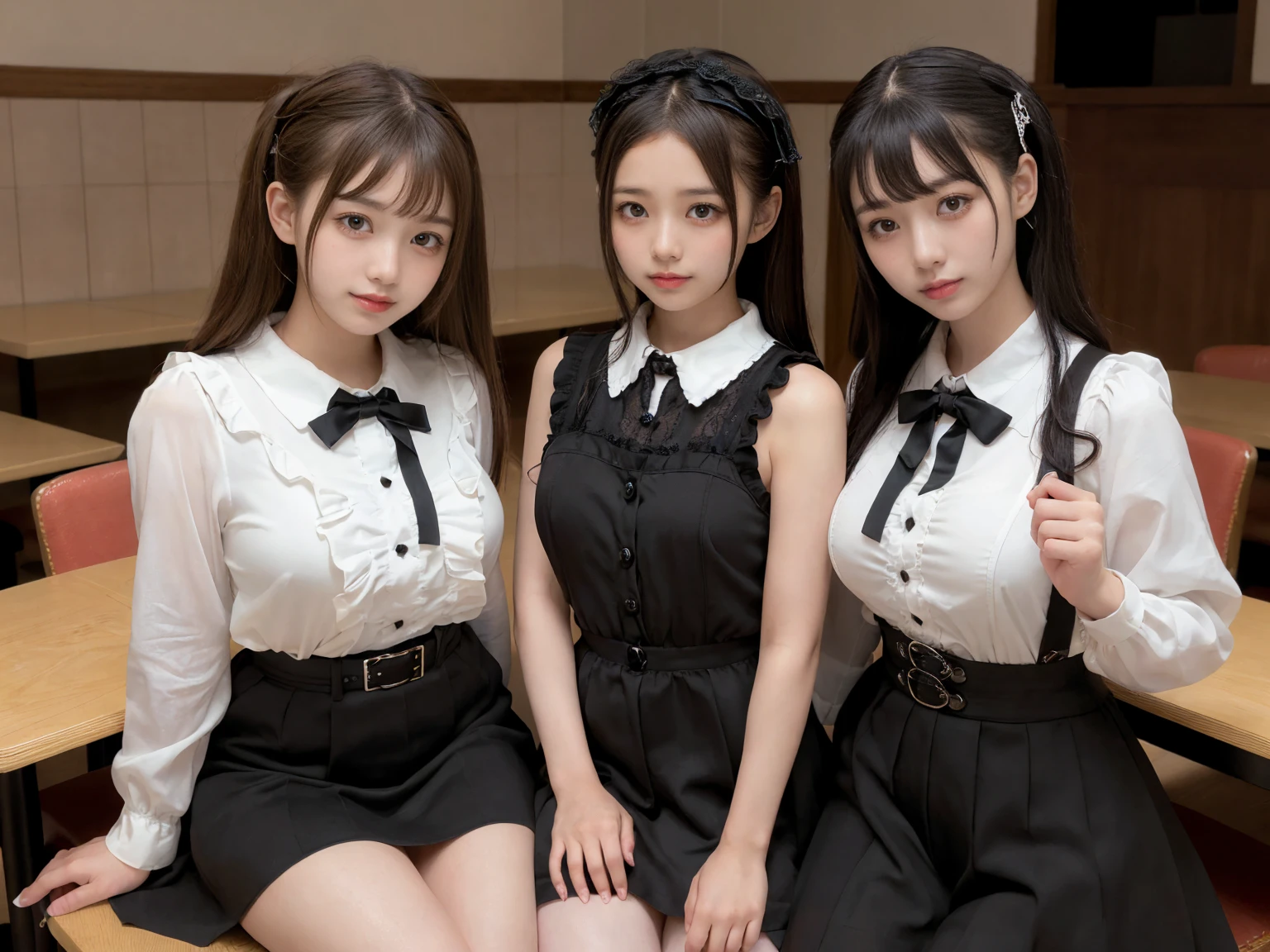 masterpiece, Highest quality, figure, Very detailed, The finer details, High resolution, 8k,wallpaper, Perfect dynamic composition,(Detailed high quality, Realistic depiction of eyes:1.3), (Three Girls),(Gothic ta fashion with tight buttons on the collar and chest), Seraphim, Short Bob Hair, In the background is an empty restaurant, Deep in the field, Black hair color, Big Natural Color Lip, (Perfect figure), (smile)、Harajuku Style、Elementary school girl in Japan:1.3), Adorable expression、Expressions of happiness、10 yght: 145cm、Baby Face、Amazingly cute、Cute type、Beautiful feet, Idol Sculpture、Big Breasts