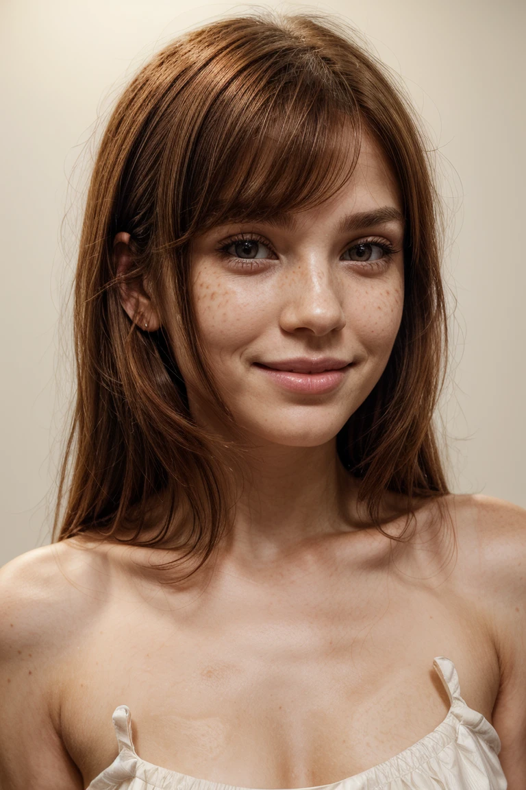 Red hair, straight hair, medium length hair, side-swept bangs, freckles across nose and cheeks, light brown eyebrows, large brown eyes, slight dark circles under eyes, white teeth, small gap between front teeth, fair skin, smooth complexion, light natural makeup, slightly pointed chin, slim face, thin nose, slightly upturned nose tip, high cheekbones, slightly flushed cheeks, subtle dimples when smiling, relaxed and friendly expression, slightly parted lips, full lower lip, delicate jawline, visible collarbones, no visible piercings or tattoos, black dress