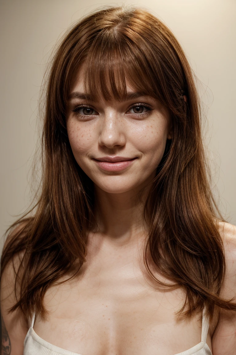 Red hair, straight hair, medium length hair, side-swept bangs, freckles across nose and cheeks, light brown eyebrows, large brown eyes, slight dark circles under eyes, white teeth, small gap between front teeth, fair skin, smooth complexion, light natural makeup, slightly pointed chin, slim face, thin nose, slightly upturned nose tip, high cheekbones, slightly flushed cheeks, subtle dimples when smiling, relaxed and friendly expression, slightly parted lips, full lower lip, delicate jawline, visible collarbones, no visible piercings or tattoos, black dress