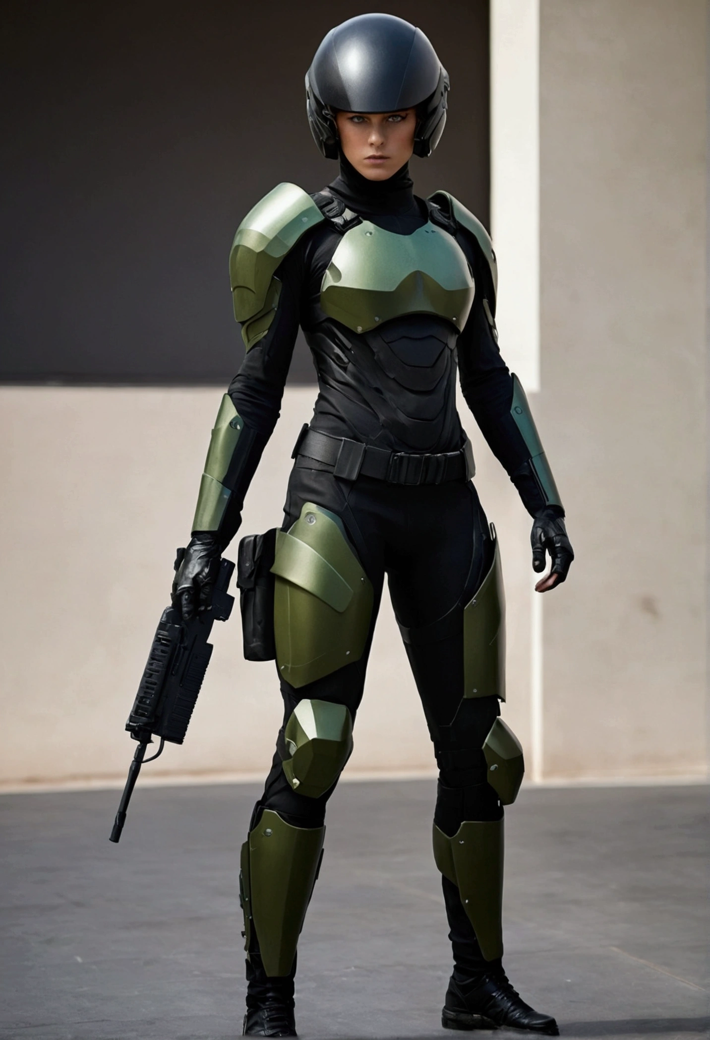 androgynous soldier of the future, body hair curto, body hair, open helmet of the future, scrached, body hair loiro, greeneyes, black armor soldier of the future, wide hip, Arma na mao, weapons on the waist, fully body , black pants,