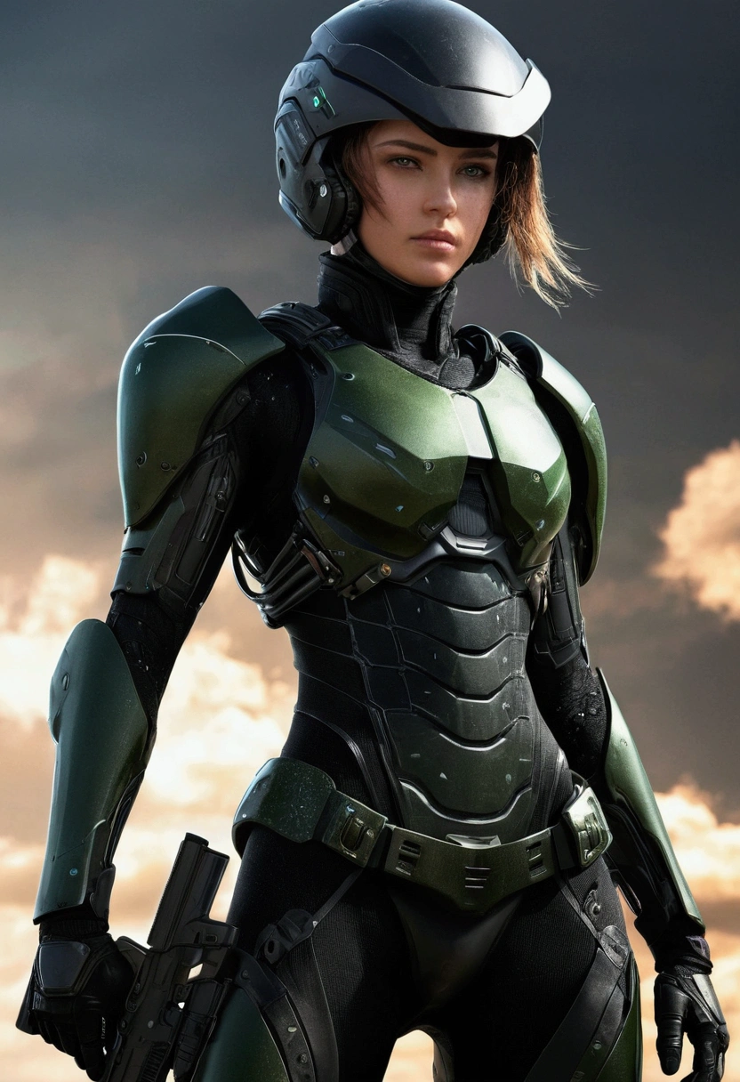androgynous soldier of the future, body hair curto, body hair, open helmet of the future, scrached, body hair loiro, greeneyes, black armor soldier of the future, wide hip, Arma na mao, weapons on the waist, fully body , black pants,