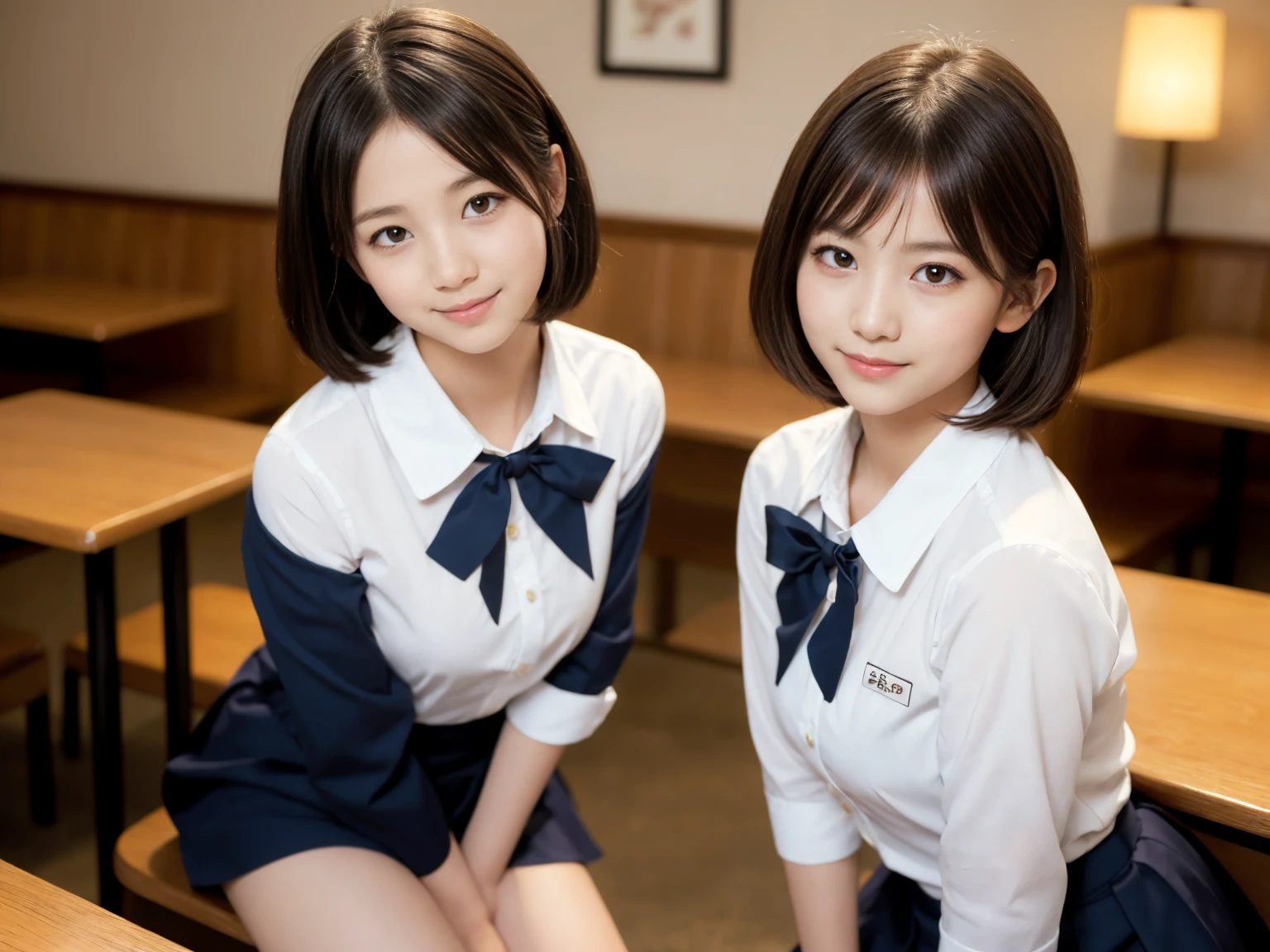 masterpiece, Highest quality, figure, Very detailed, The finer details, High resolution, 8k,wallpaper, Perfect dynamic composition,(Detailed high quality, Realistic depiction of eyes:1.3), (Three Girls),(A tight-fitting waitress uniform with buttons on the collar and chest), Seraphim, Short Bob Hair, In the background is an empty restaurant, Deep in the field, Black hair color, Big Natural Color Lip, (Perfect figure), (smile)、Harajuku Style、Elementary school girl in Japan:1.3), Adorable expression、Expressions of happiness、10 years old、height: 145cm、Baby Face、Amazingly cute、Cute type、Beautiful feet, Idol Sculpture