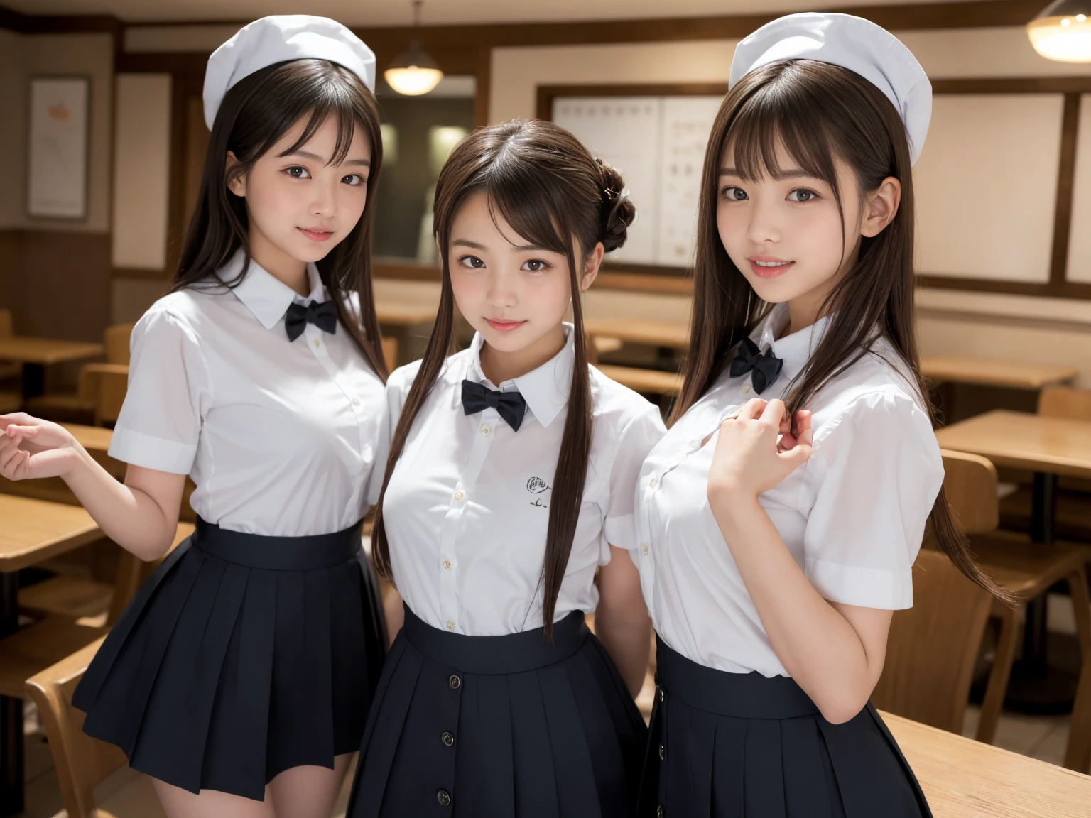 masterpiece, Highest quality, figure, Very detailed, The finer details, High resolution, 8k,wallpaper, Perfect dynamic composition,(Detailed high quality, Realistic depiction of eyes:1.3), (Three Girls),(A tight-fitting waitress uniform with buttons on the collar and chest), Seraphim, Short Bob Hair, In the background is an empty restaurant, Deep in the field, Black hair color, Big Natural Color Lip, (Perfect figure), (smile)、Harajuku Style、Elementary school girl in Japan:1.3), Adorable expression、Expressions of happiness、10 years old、height: 145cm、Baby Face、Amazingly cute、Cute type、Beautiful feet, Idol Sculpture