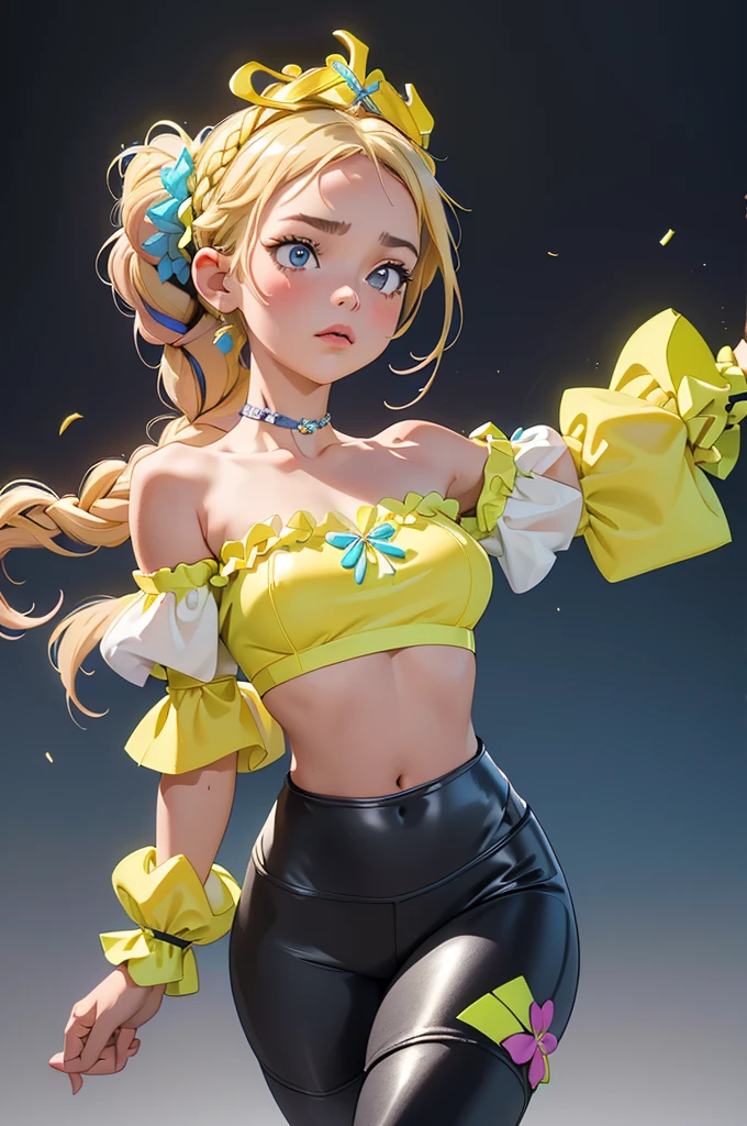 (masterpiece, best quality), 1girl, Neon Yellow French Braid Crown with Floral Accents, medium breasts, Cobalt Off-the-shoulder crop top with ruffled sleeves. and Faux leather leggings, bare, Twirling around with arms extended.