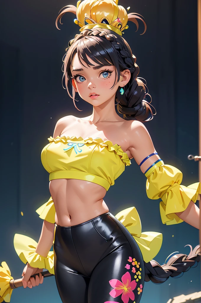(masterpiece, best quality), 1girl, Neon Yellow French Braid Crown with Floral Accents, , Cobalt Off-the-shoulder crop top with ruffled sleeves. and Faux leather leggings, , Twirling around with arms extended.